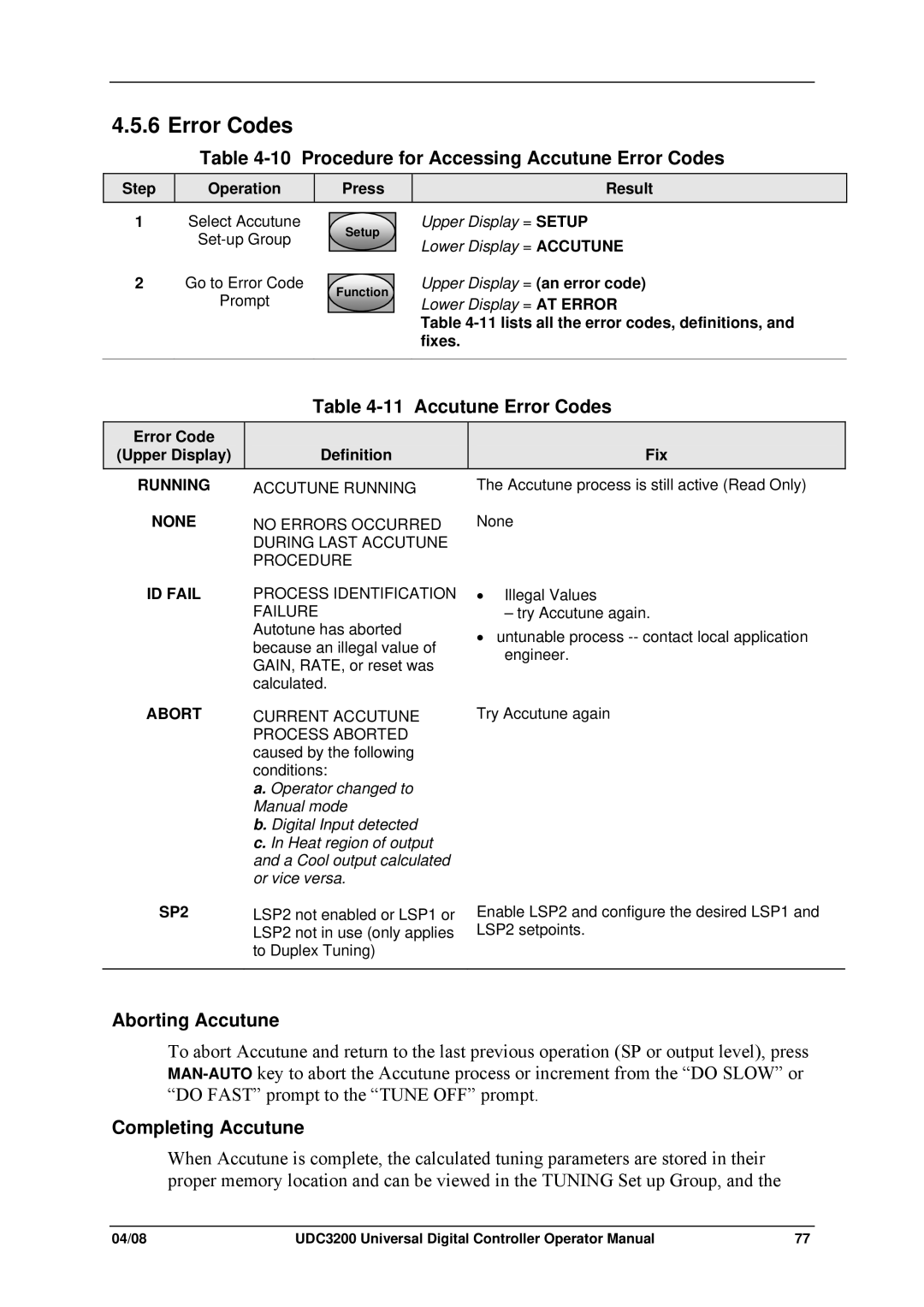 Honeywell UDC3200 manual Procedure for Accessing Accutune Error Codes, Aborting Accutune, Completing Accutune 