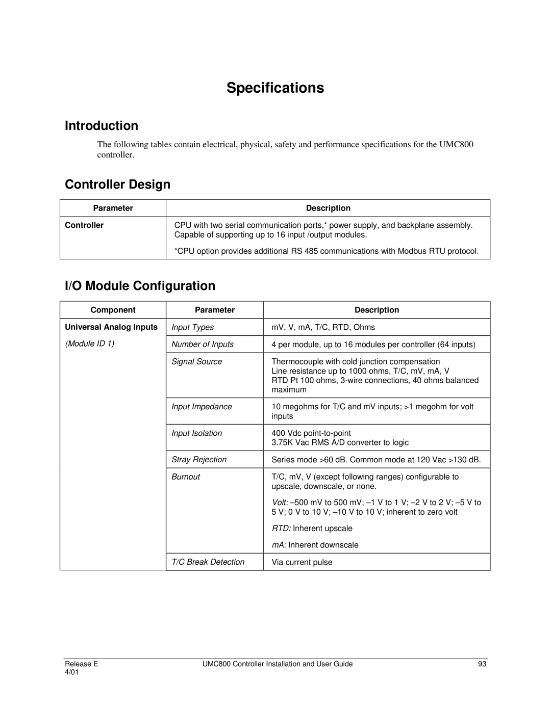 Honeywell UMC800 manual Specifications, Controller Design, Module Configuration 