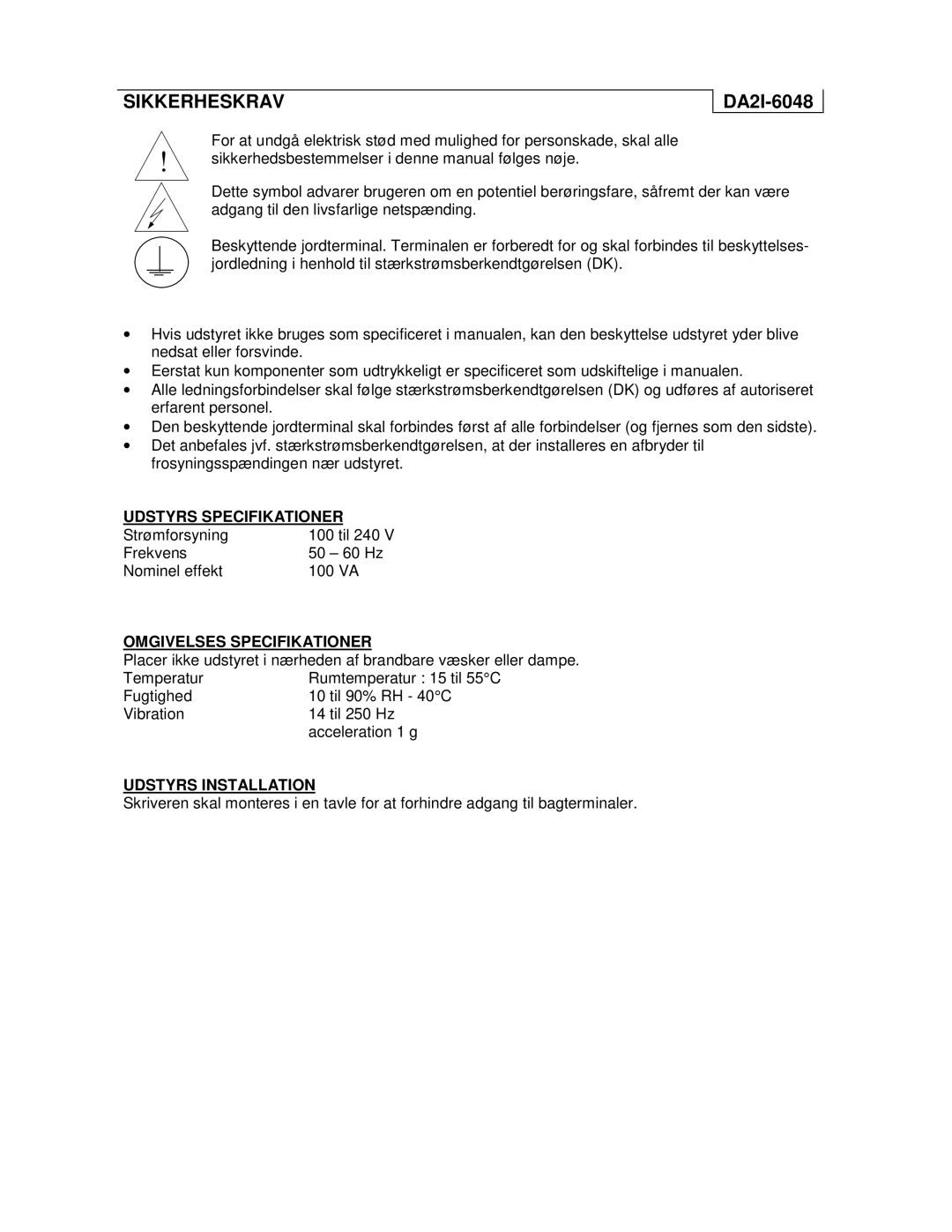 Honeywell UMC800 manual Sikkerheskrav, DA2I-6048 