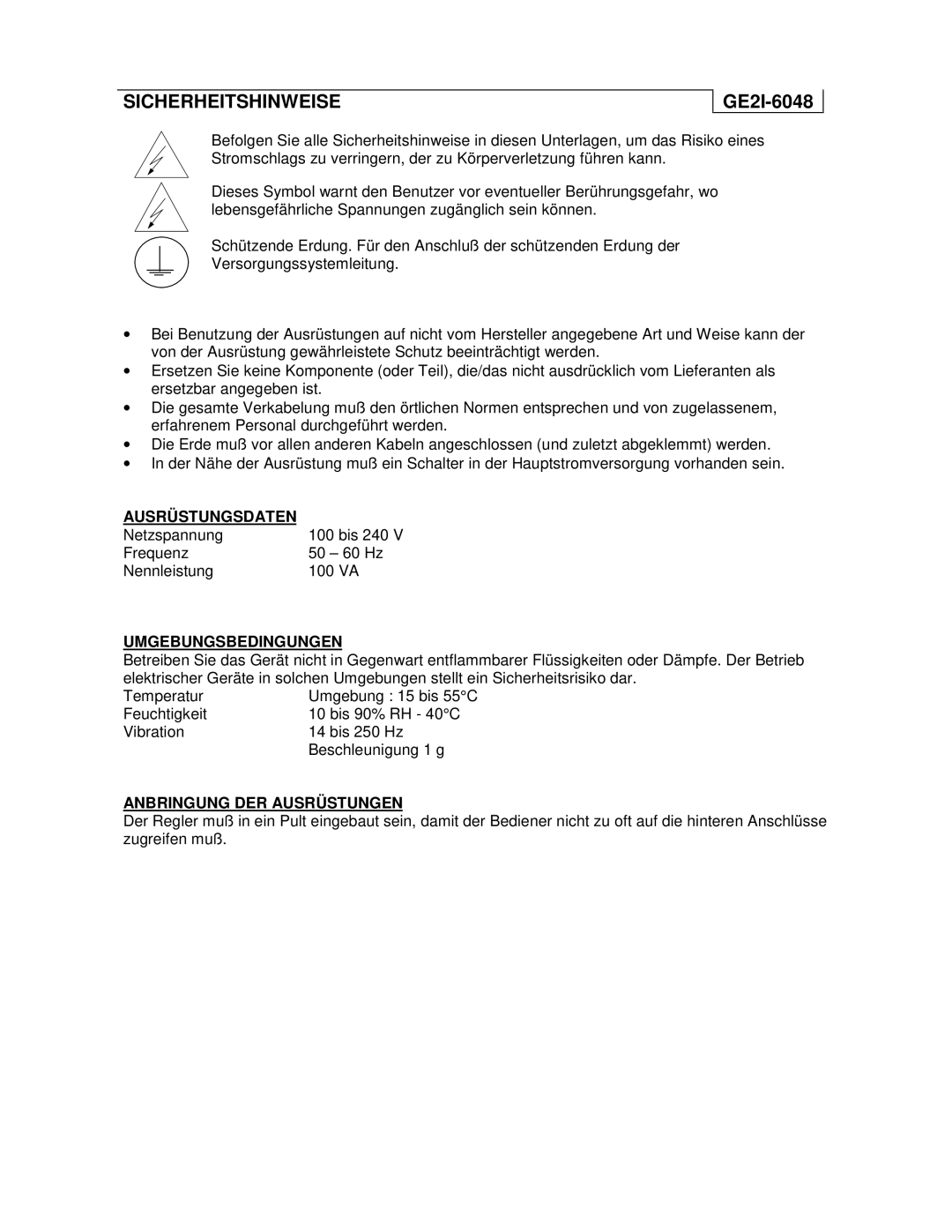 Honeywell UMC800 manual Sicherheitshinweise, GE2I-6048 