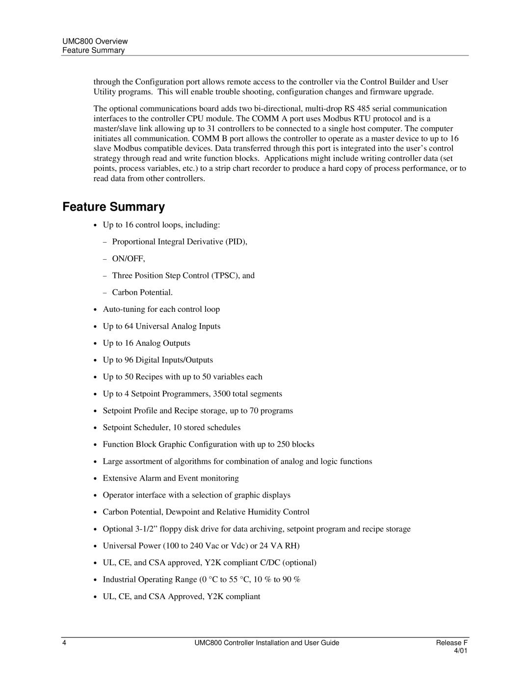 Honeywell UMC800 manual Feature Summary, On/Off 