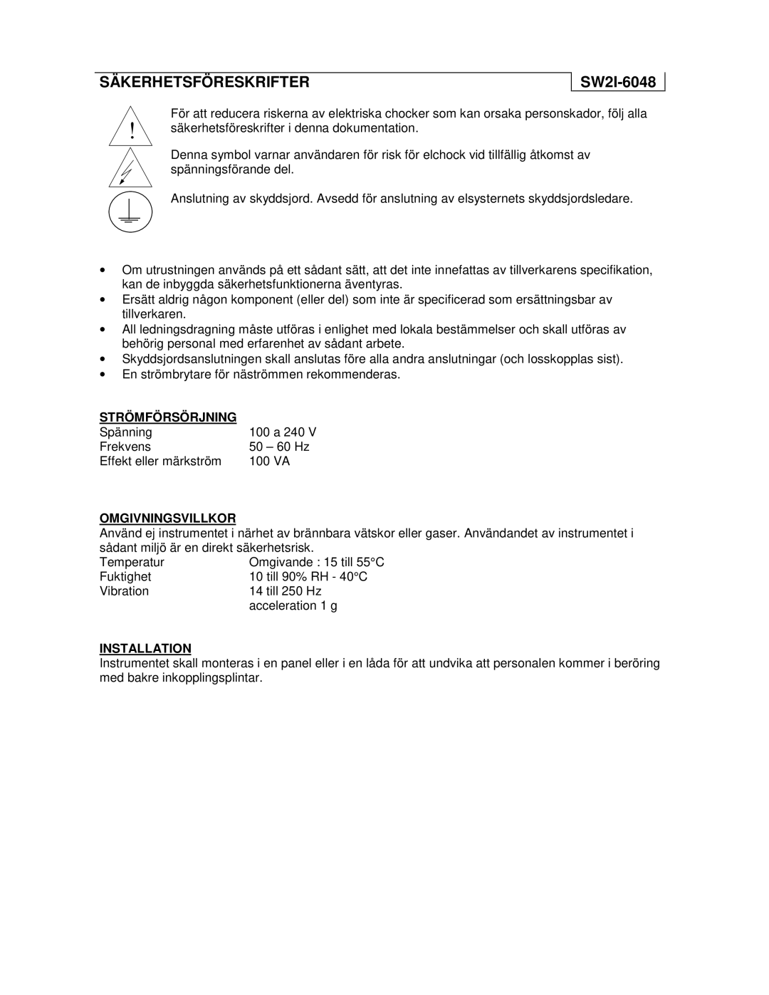 Honeywell UMC800 manual Säkerhetsföreskrifter, SW2I-6048 