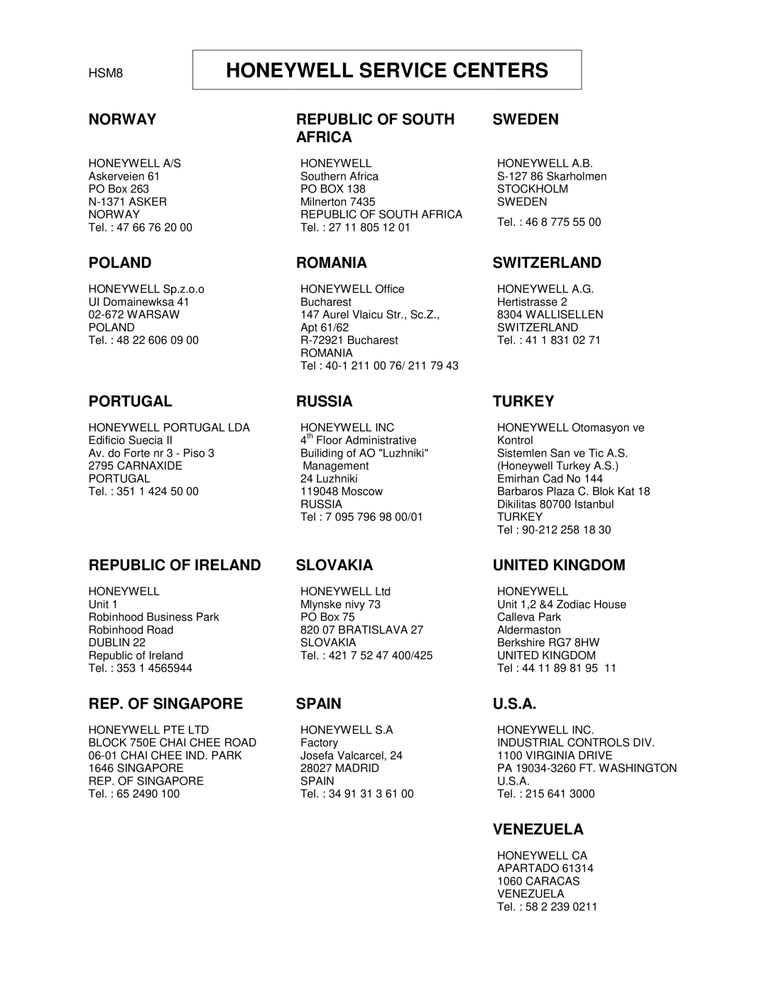 Honeywell UMC800 Norway, Republic of South Sweden Africa, Poland Romania Switzerland, Portugal Russia Turkey, Venezuela 