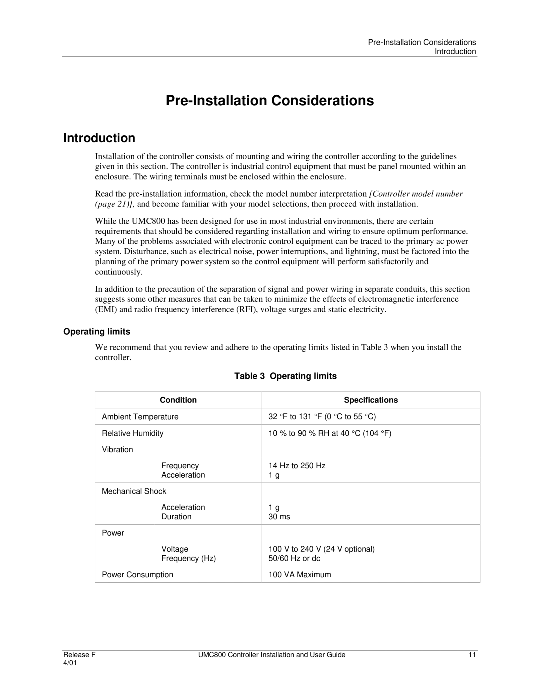 Honeywell UMC800 manual Pre-Installation Considerations, Introduction, Operating limits, Condition, Specifications 