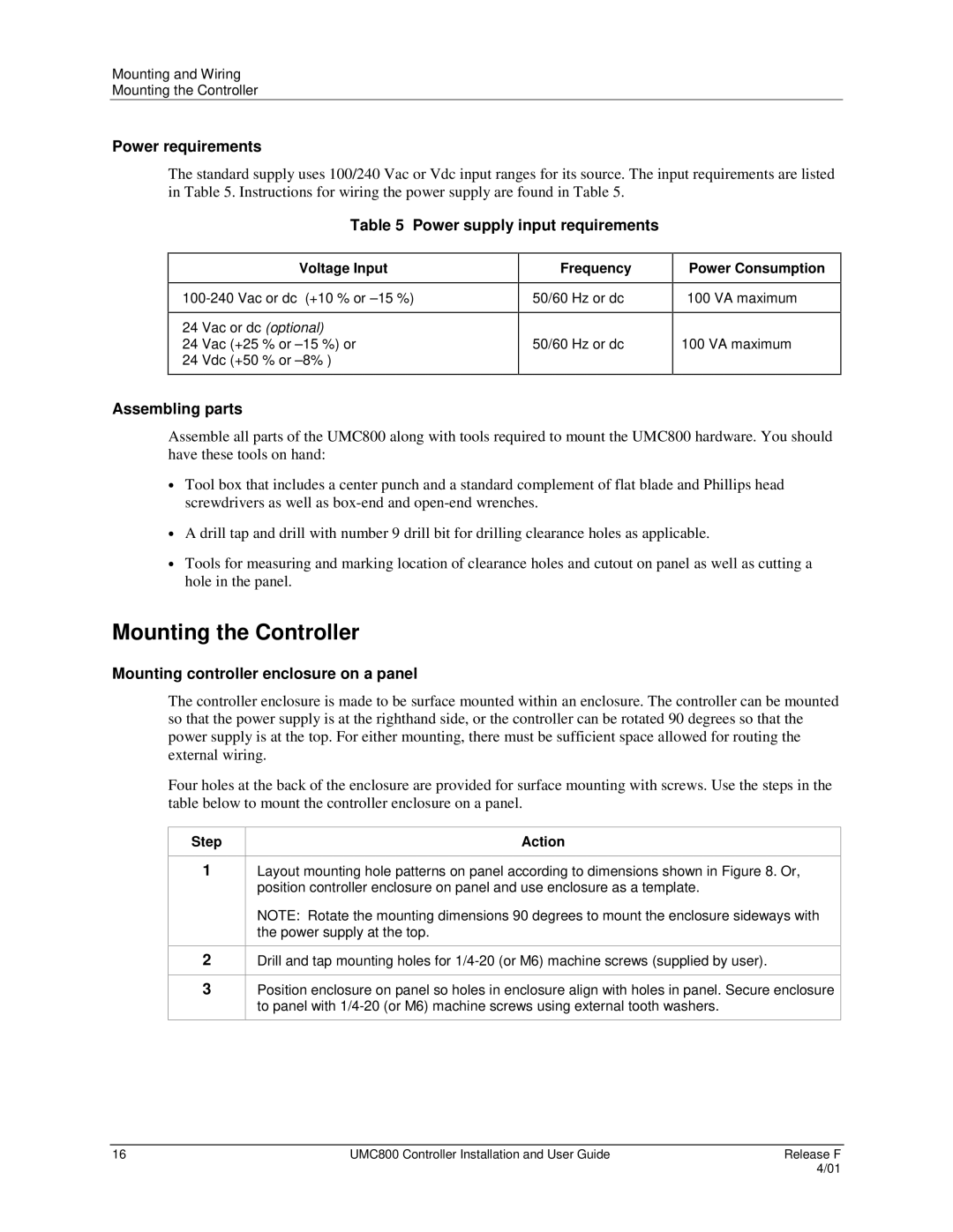 Honeywell UMC800 manual Mounting the Controller, Power requirements, Power supply input requirements, Assembling parts 