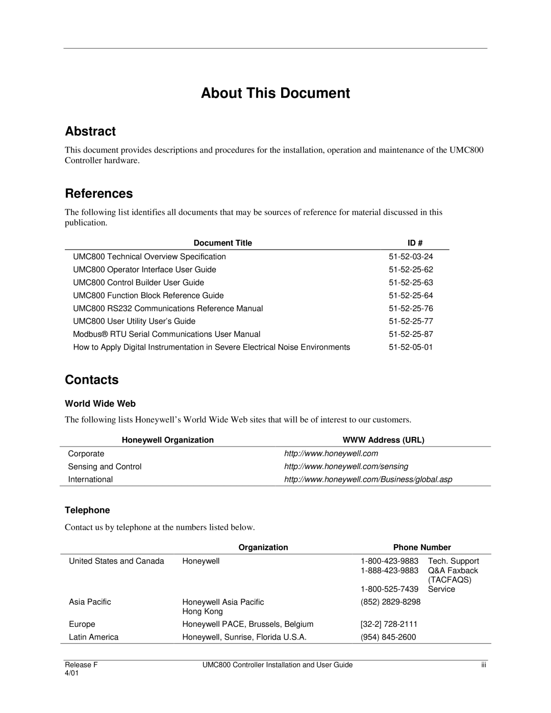 Honeywell UMC800 manual About This Document, Abstract, References, Contacts 