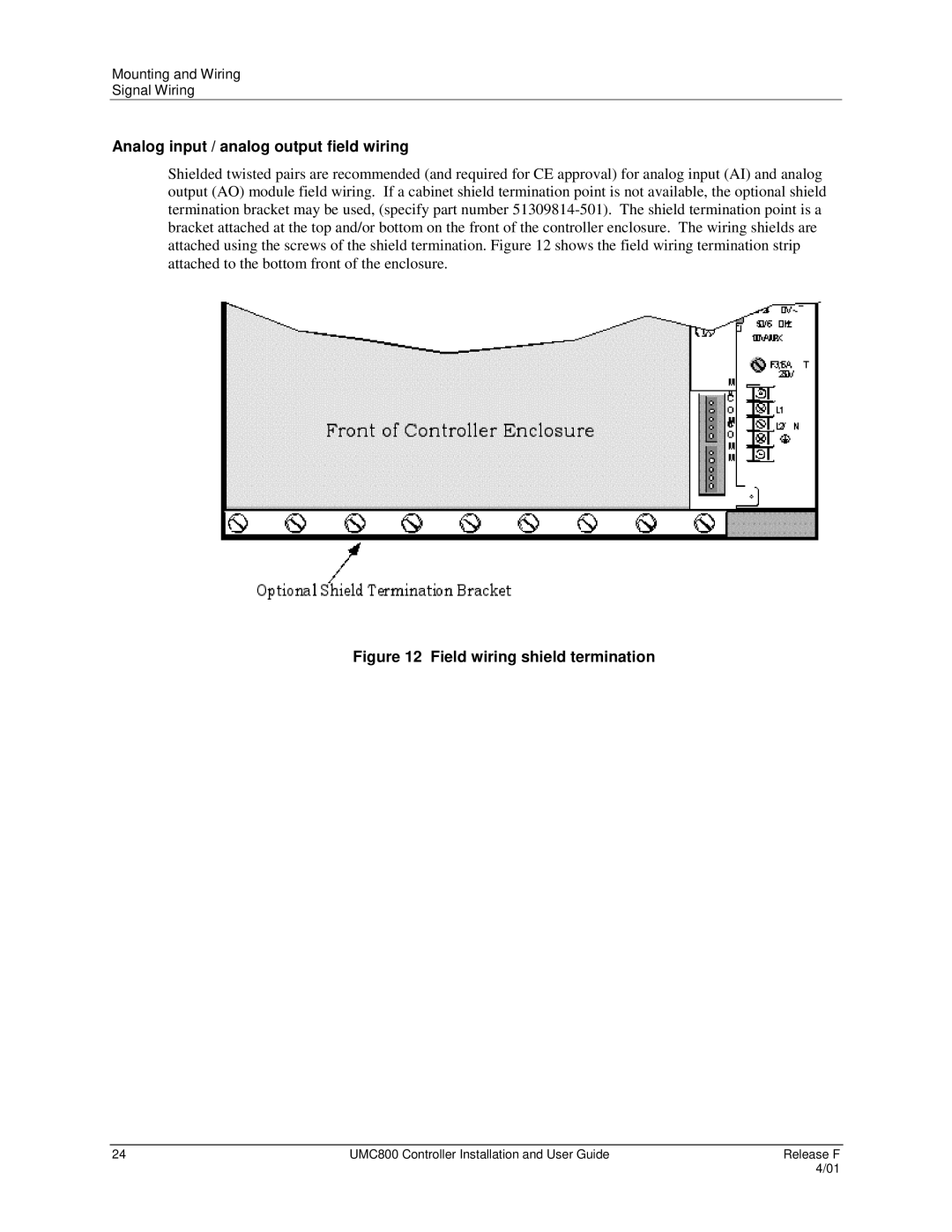 Honeywell UMC800 manual Analog input / analog output field wiring, Field wiring shield termination 