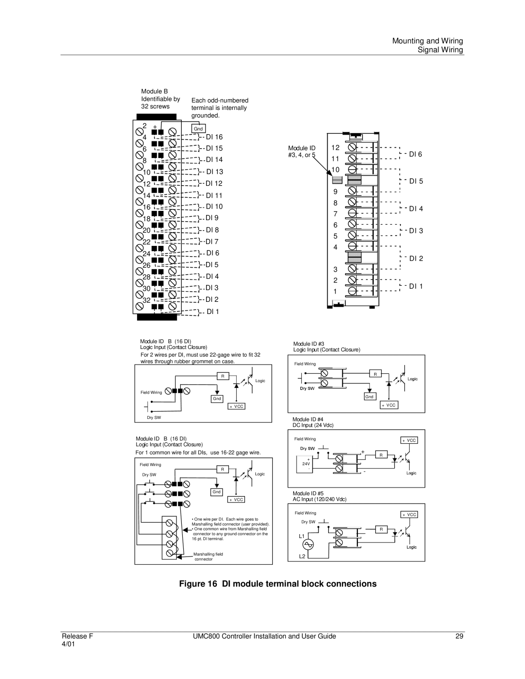 Honeywell UMC800 manual DI module terminal block connections 