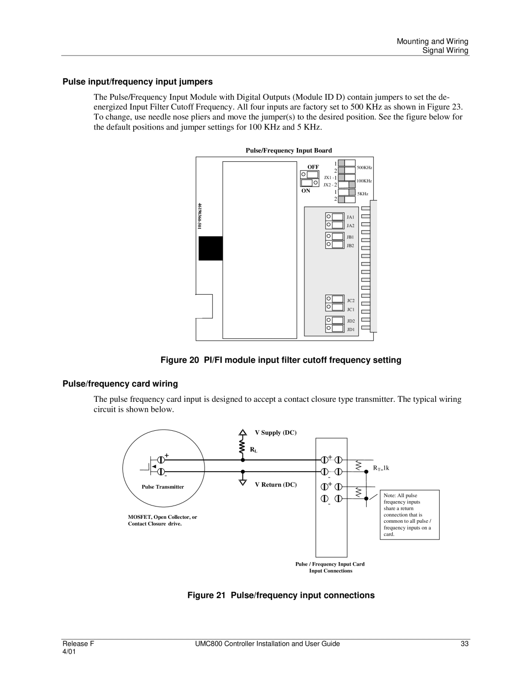 Honeywell UMC800 manual Pulse input/frequency input jumpers, Pulse/frequency input connections 