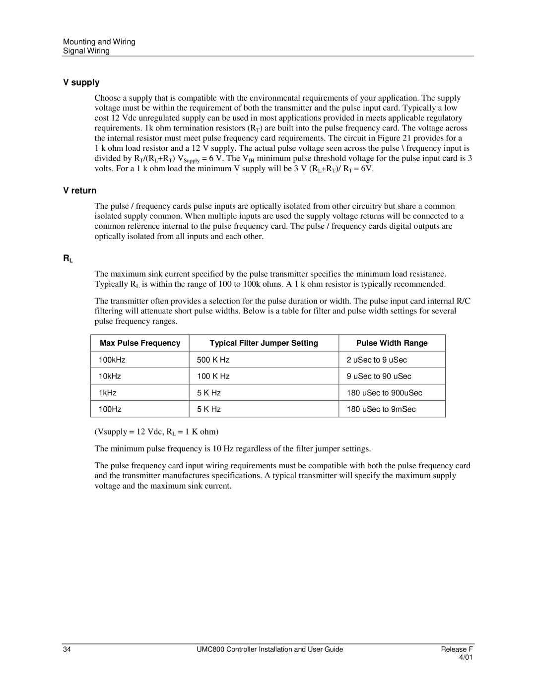 Honeywell UMC800 manual Supply, Return, Max Pulse Frequency, Typical Filter Jumper Setting Pulse Width Range 