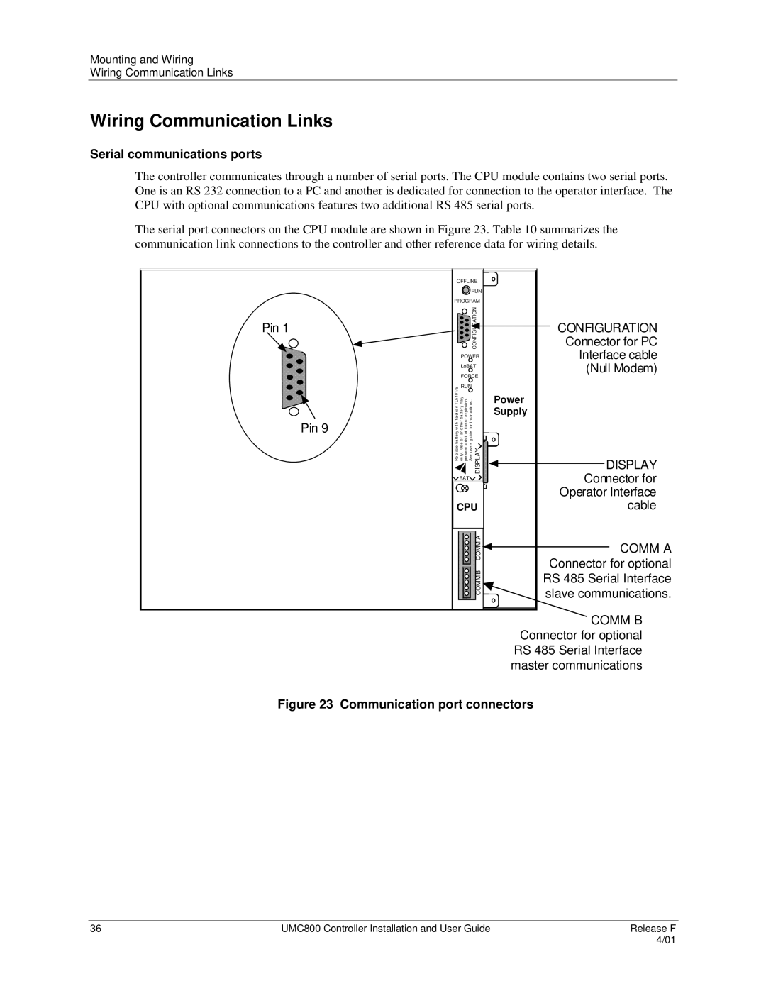 Honeywell UMC800 manual Wiring Communication Links, Serial communications ports 