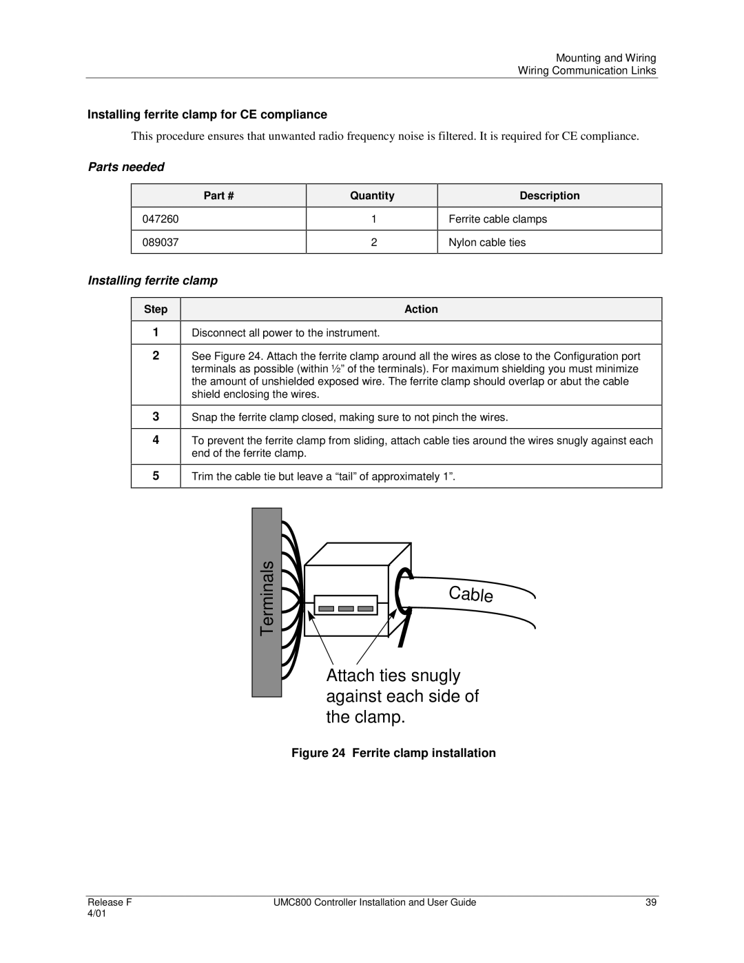 Honeywell UMC800 manual Installing ferrite clamp for CE compliance, Quantity Description 