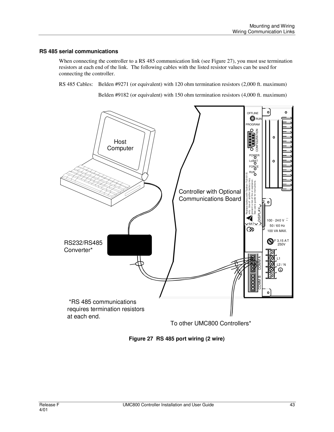 Honeywell UMC800 manual RS 485 serial communications, RS 485 port wiring 2 wire 