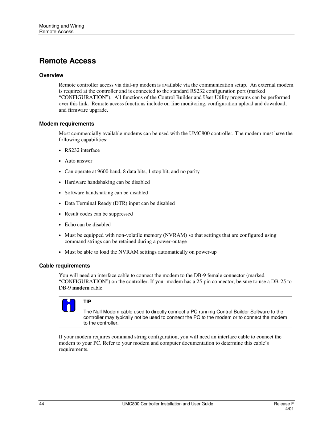 Honeywell UMC800 manual Remote Access, Overview, Modem requirements, Cable requirements 