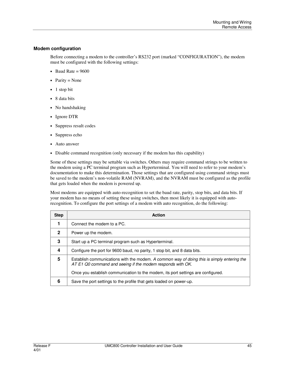 Honeywell UMC800 manual Modem configuration, Step Action 