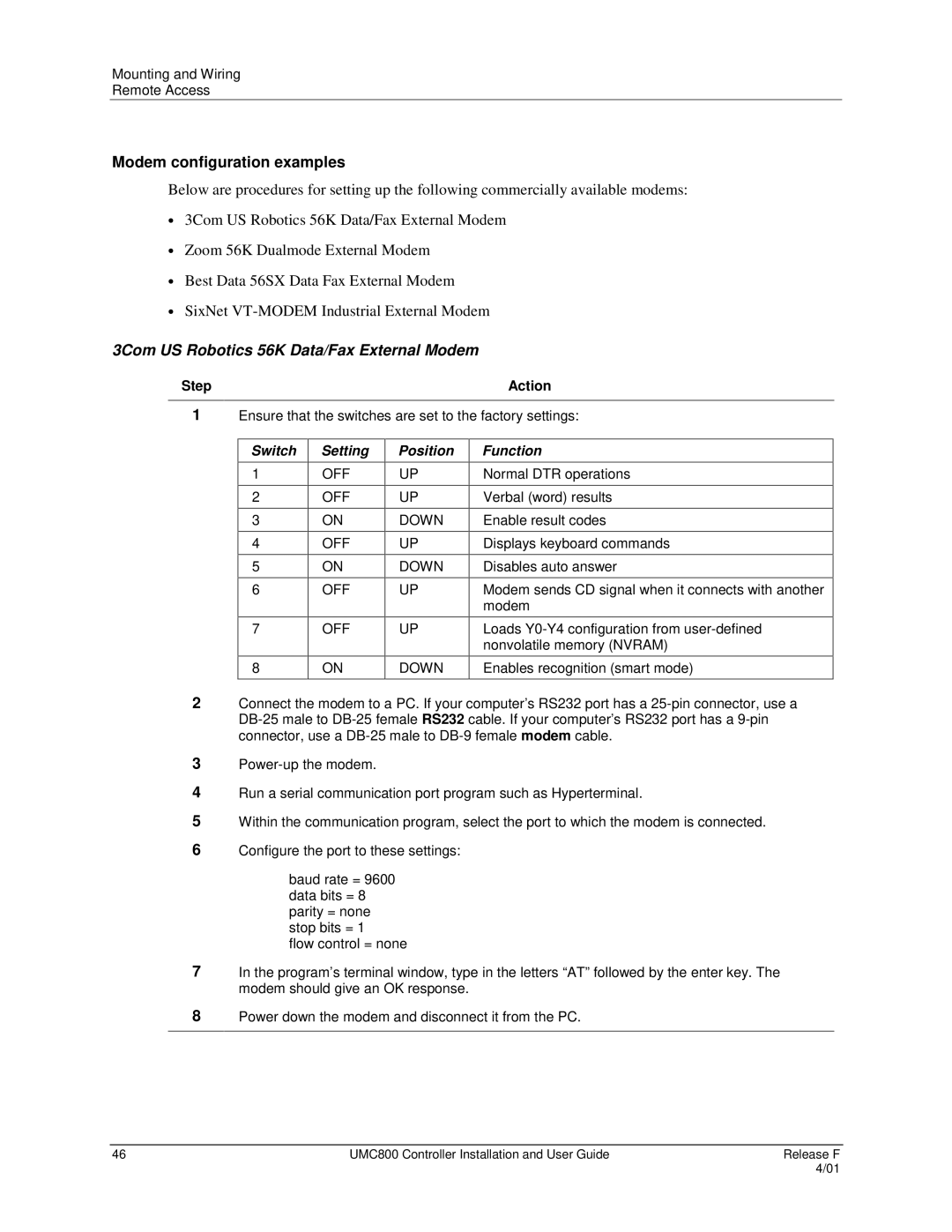 Honeywell UMC800 manual Modem configuration examples, 3Com US Robotics 56K Data/Fax External Modem 