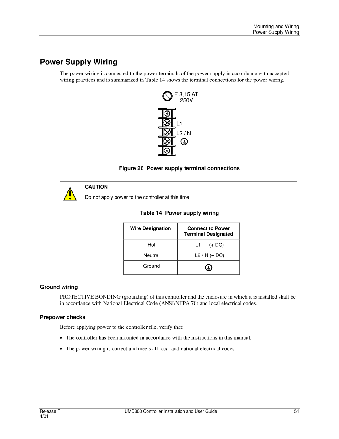 Honeywell UMC800 manual Power Supply Wiring, Power supply wiring, Ground wiring, Prepower checks 