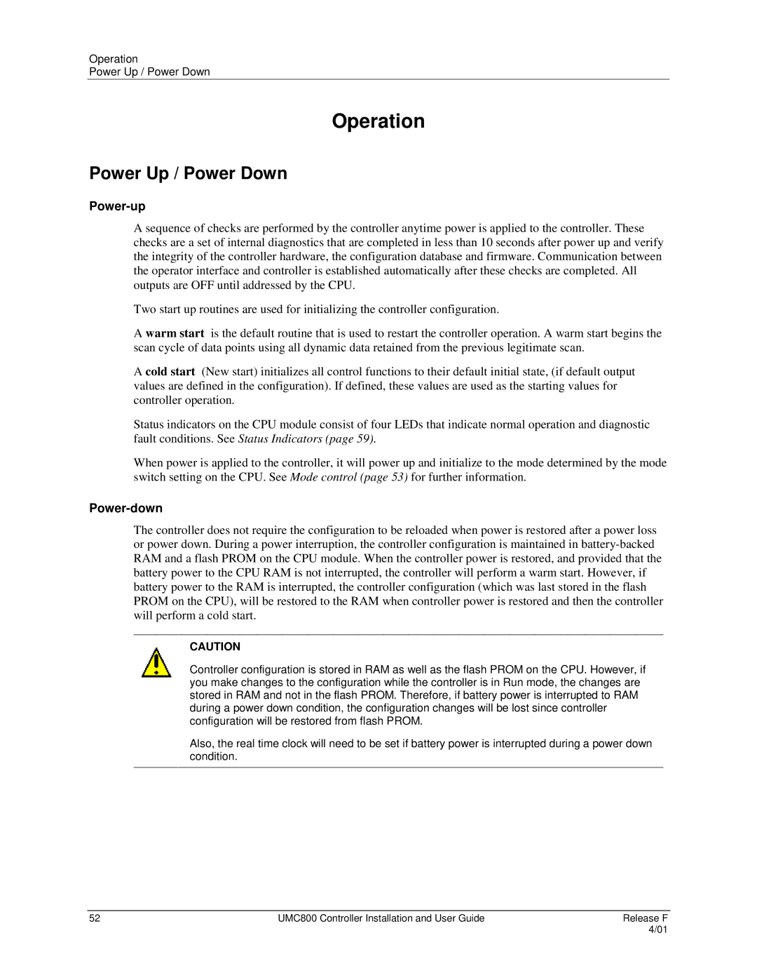 Honeywell UMC800 manual Operation, Power Up / Power Down, Power-up, Power-down 