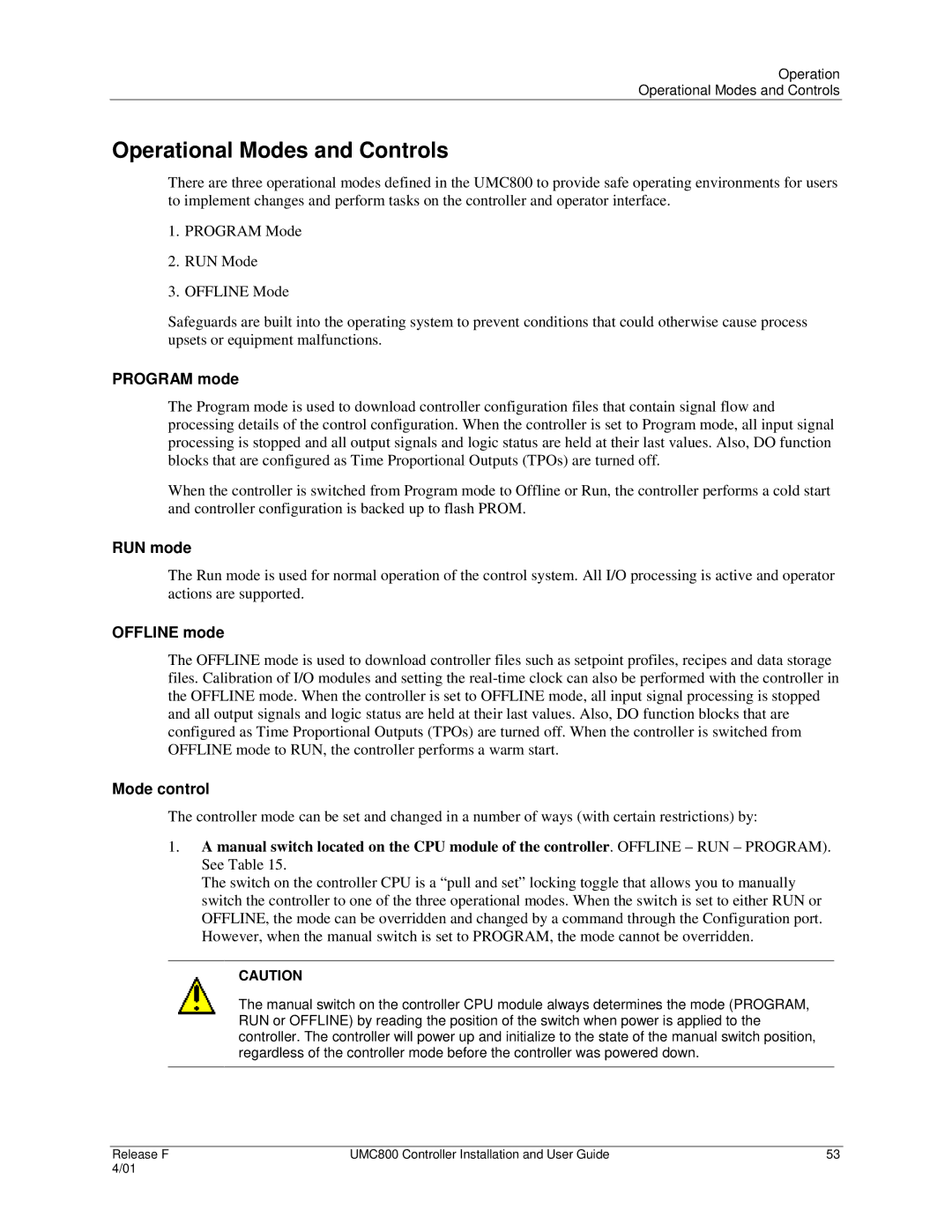 Honeywell UMC800 manual Operational Modes and Controls, Program mode, RUN mode, Offline mode, Mode control 