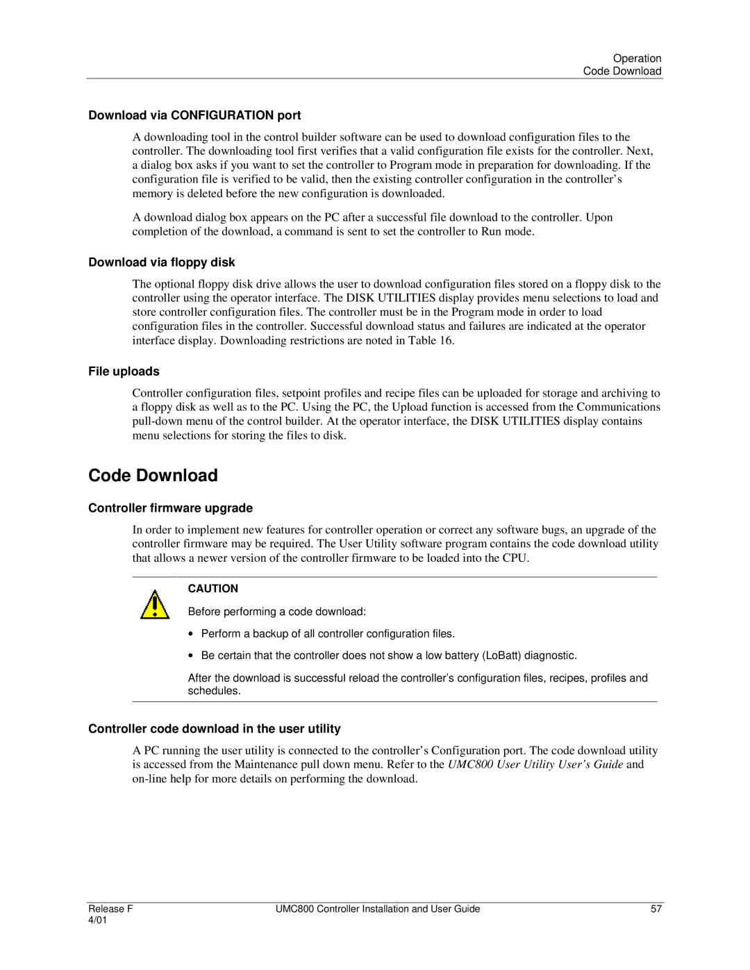 Honeywell UMC800 manual Code Download 