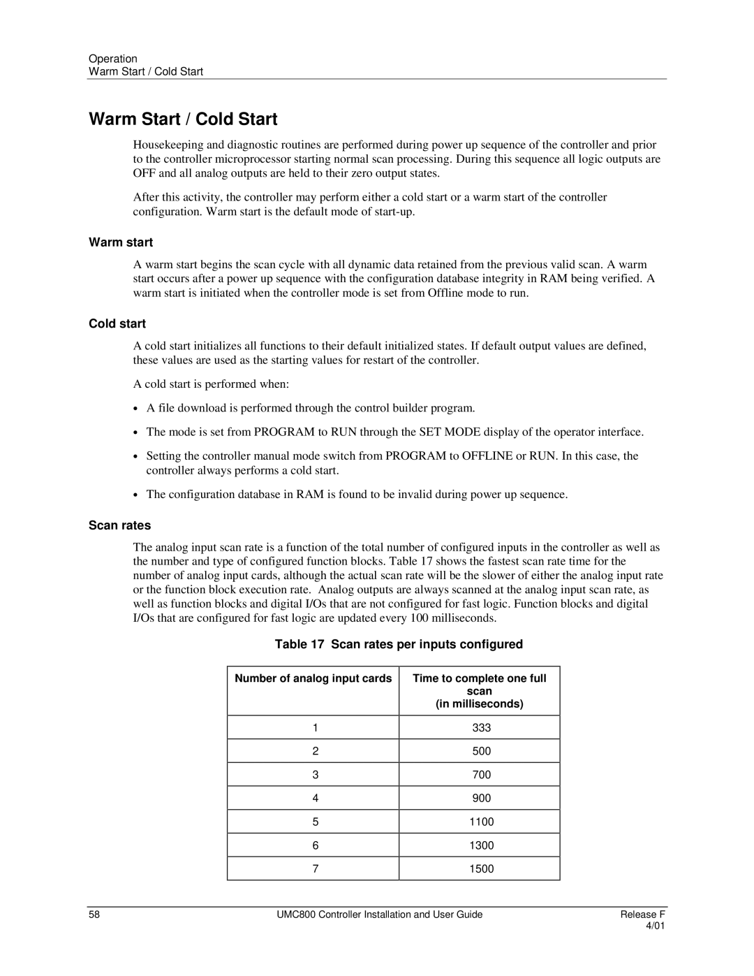 Honeywell UMC800 manual Warm Start / Cold Start, Warm start, Cold start, Scan rates per inputs configured 