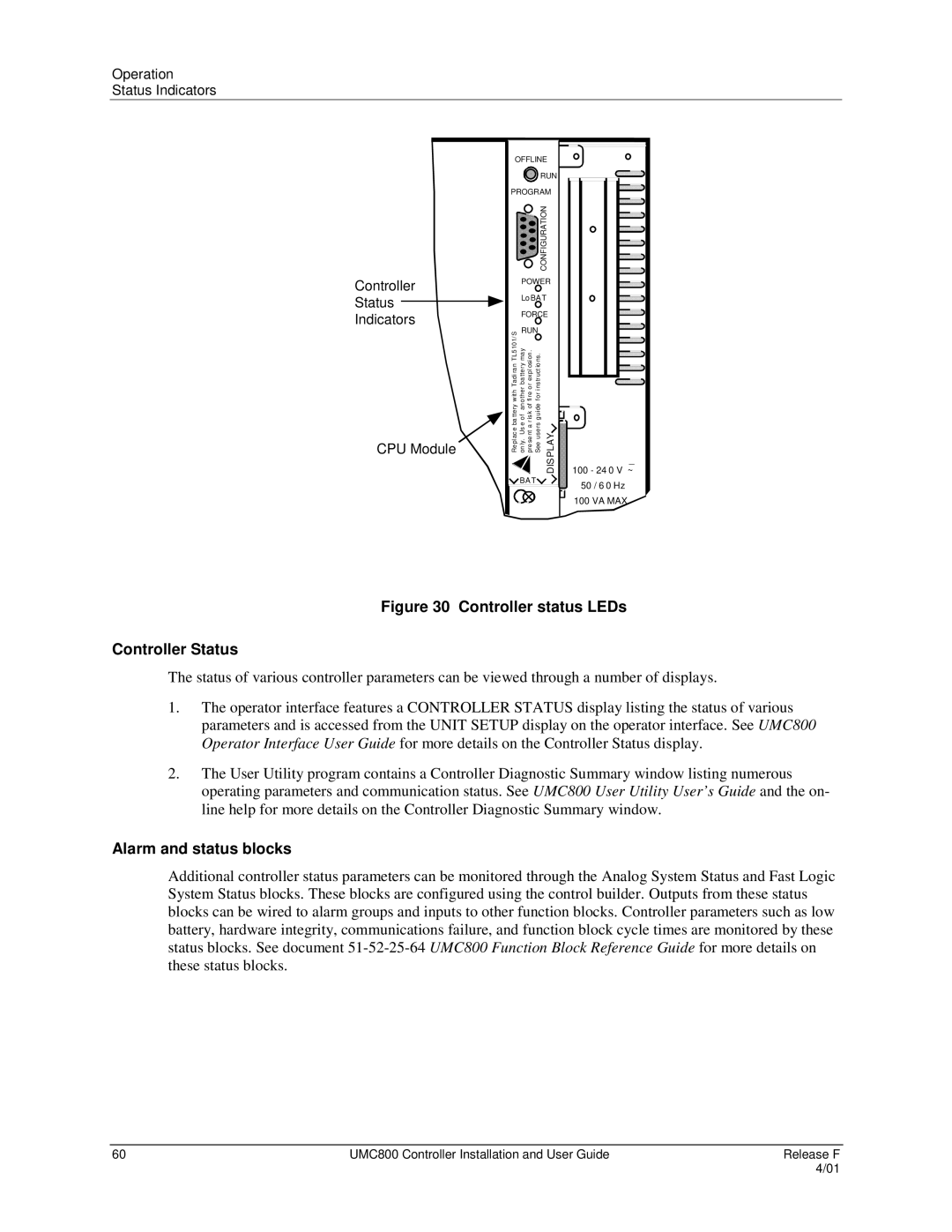 Honeywell UMC800 manual Controller status LEDs Controller Status, Alarm and status blocks 