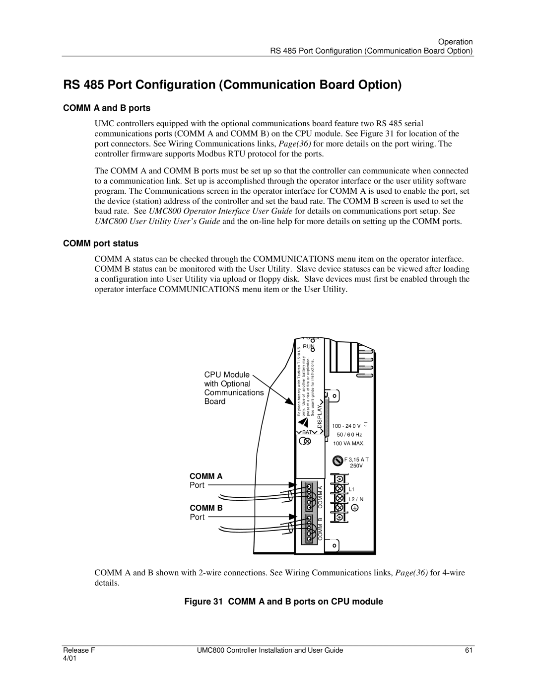 Honeywell UMC800 manual RS 485 Port Configuration Communication Board Option, Comm a and B ports, Comm port status 