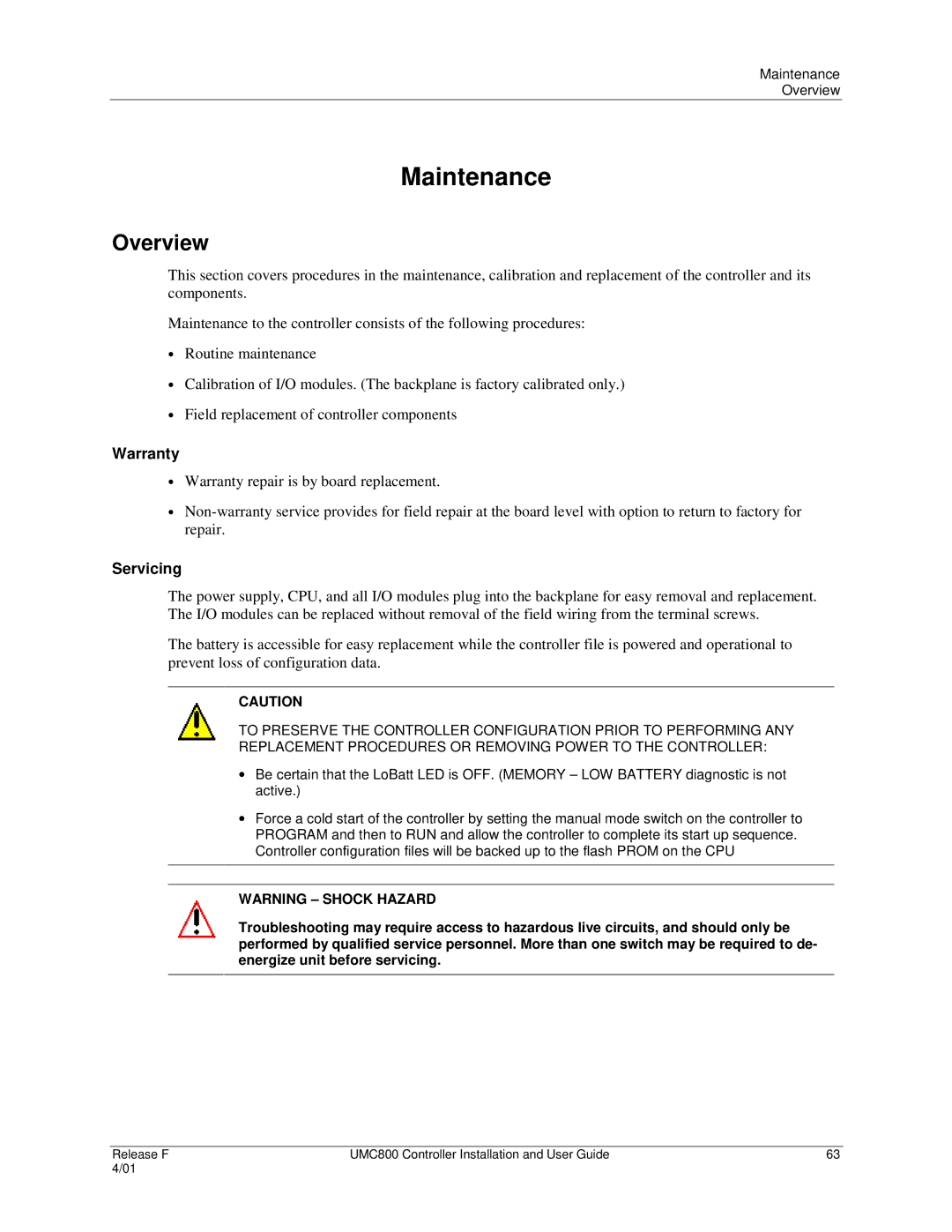 Honeywell UMC800 manual Maintenance, Overview, Warranty, Servicing 