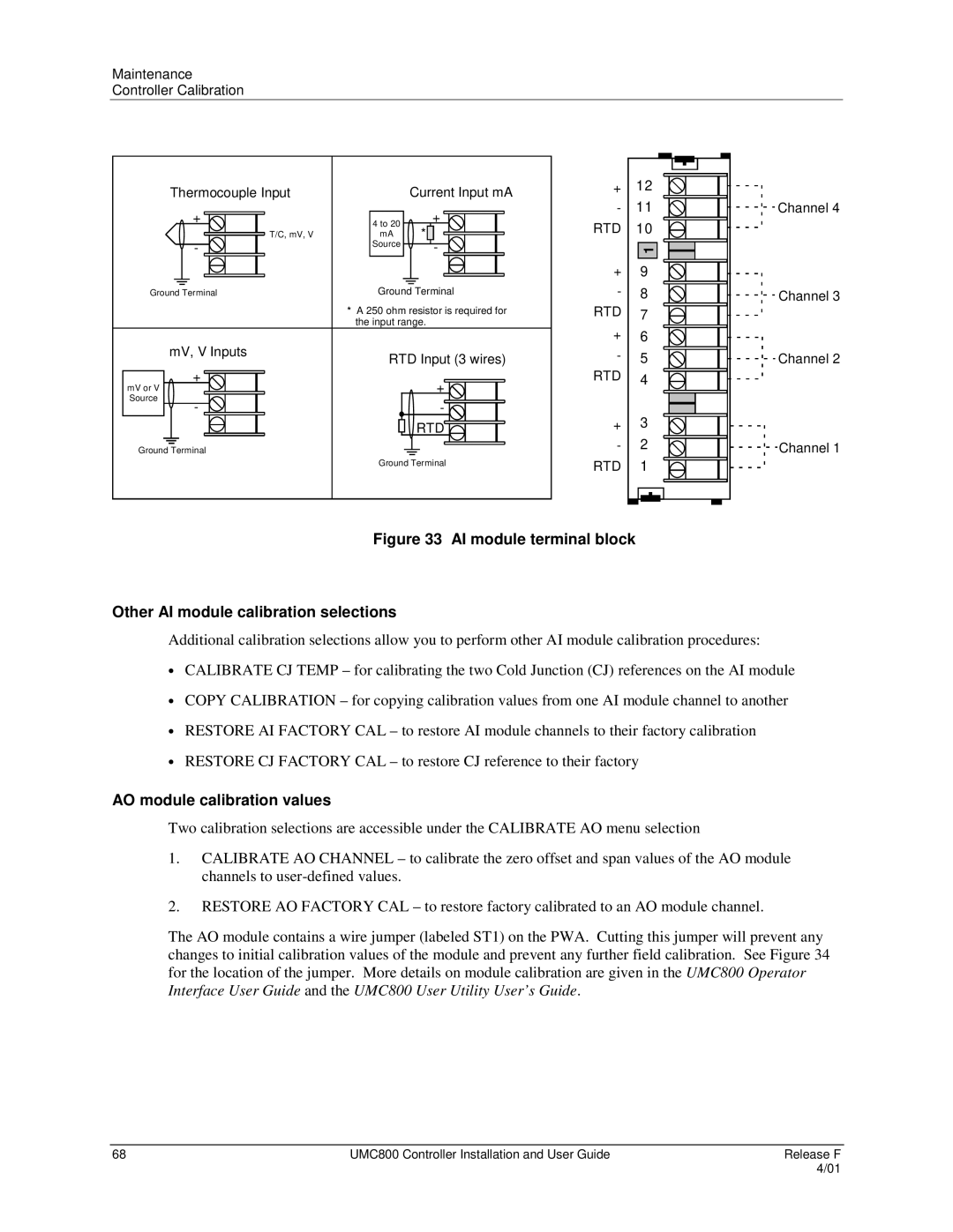 Honeywell UMC800 manual AO module calibration values, Maintenance Controller Calibration Thermocouple Input 