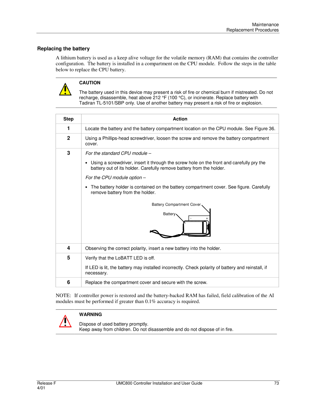 Honeywell UMC800 manual Replacing the battery, For the standard CPU module 