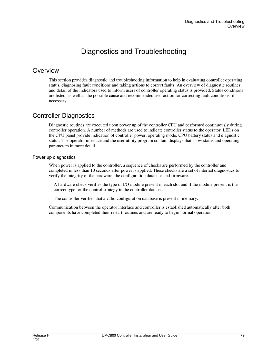 Honeywell UMC800 manual Diagnostics and Troubleshooting, Controller Diagnostics, Power up diagnostics 