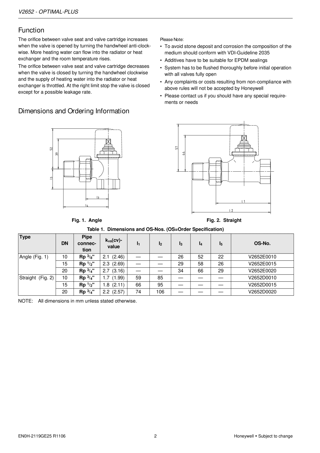 Honeywell V2652 specifications Function, Dimensions and Ordering Information 