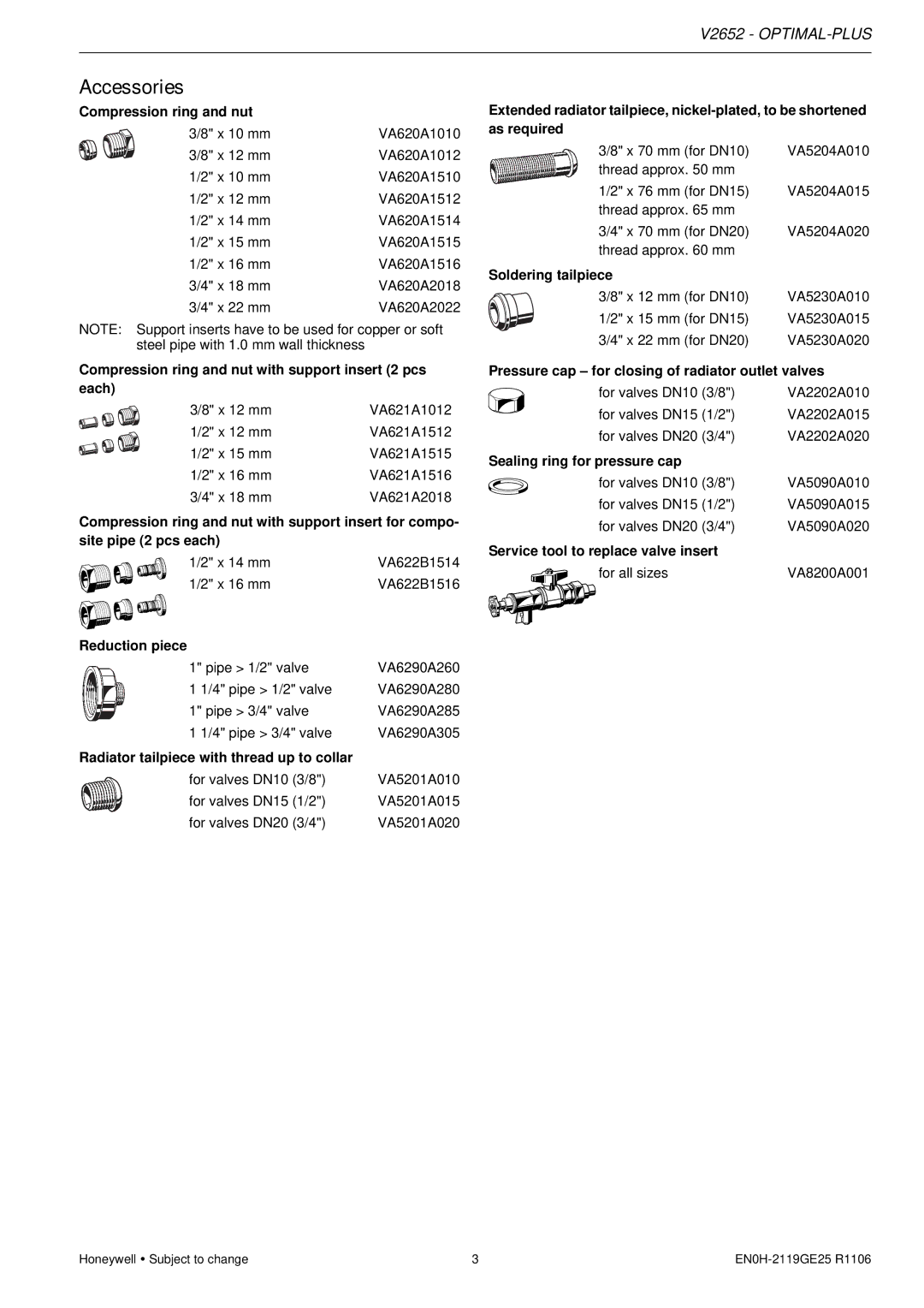 Honeywell V2652 specifications Accessories 