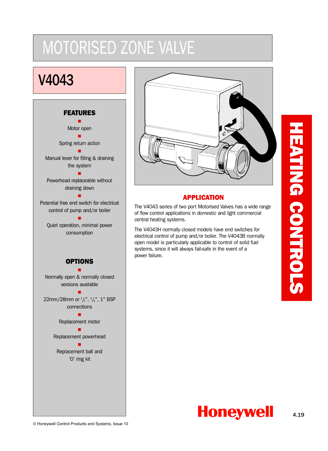 Honeywell V4043 manual Features, Options 