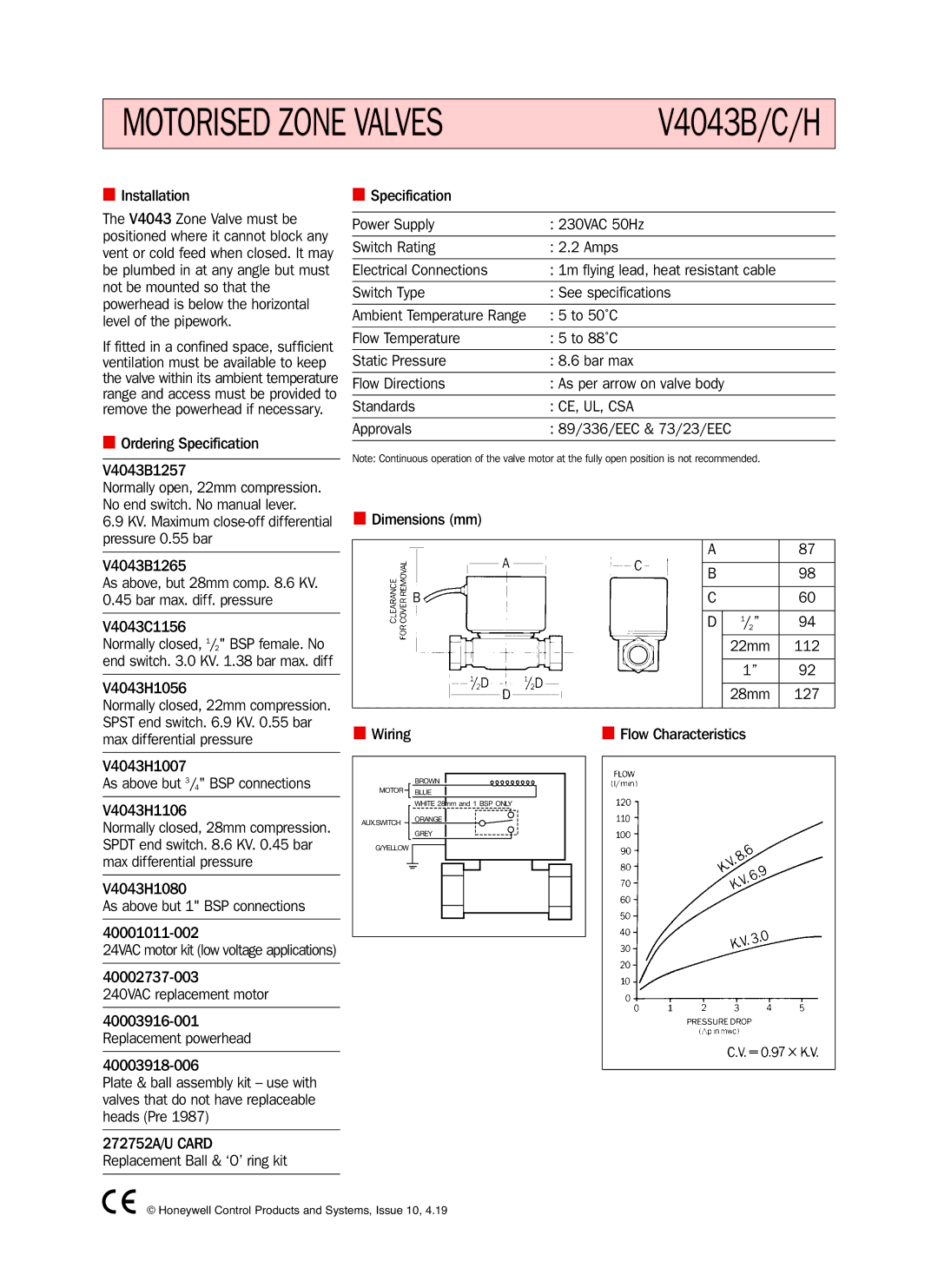 Honeywell Installation, Ordering Specification V4043B1257, V4043B1265, V4043C1156, V4043H1056, V4043H1007, V4043H1106 