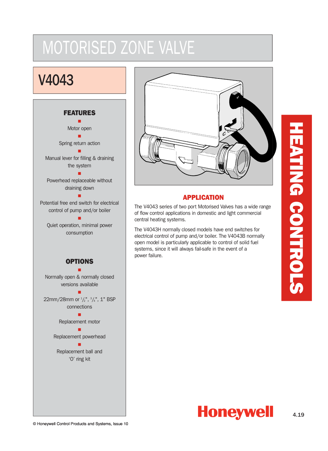 Honeywell V4043 manual Motorised Zone Valve, Heating Controls, Features, Options, Application 