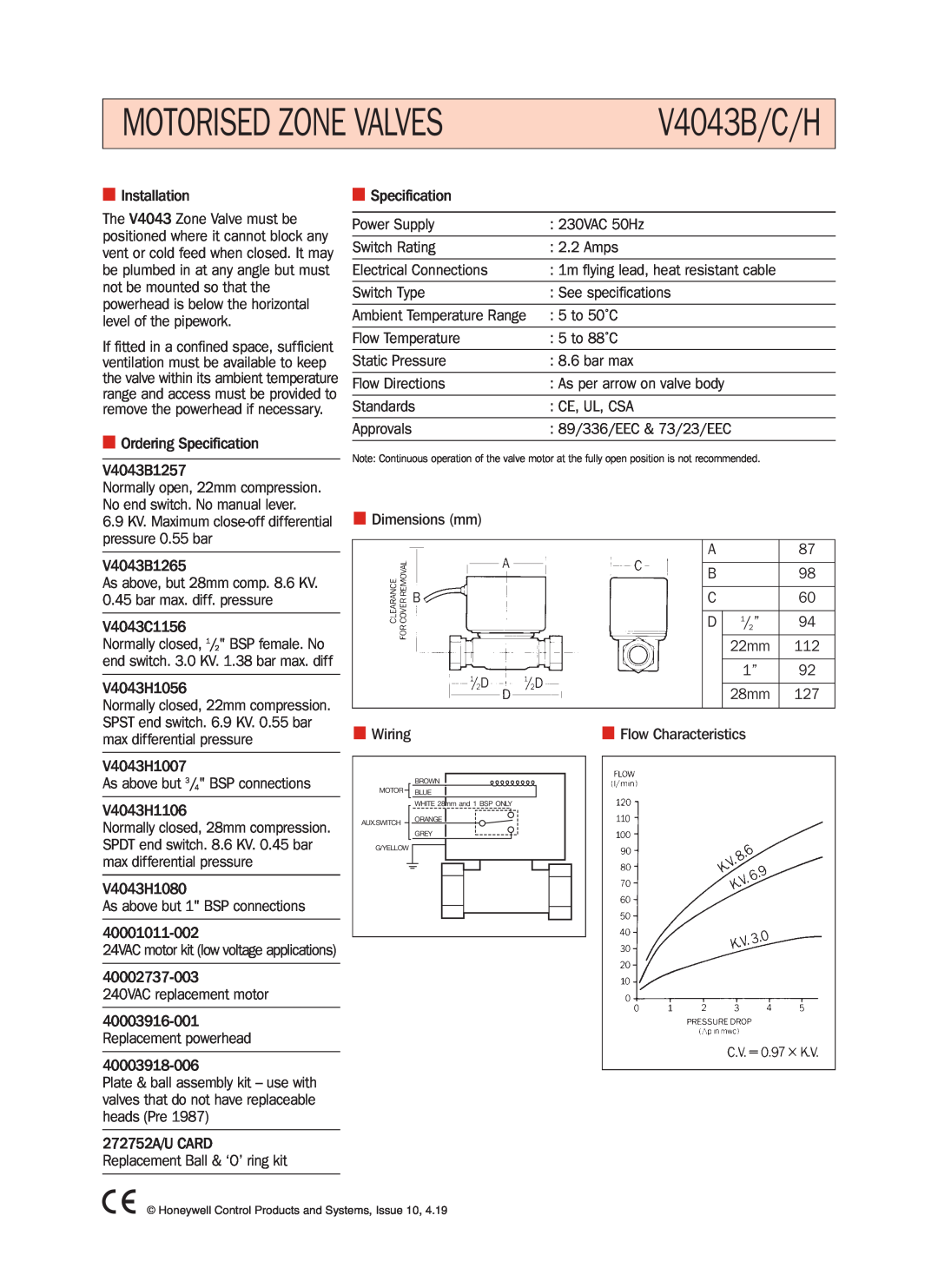Honeywell manual Motorised Zone Valves, V4043B/C/H 