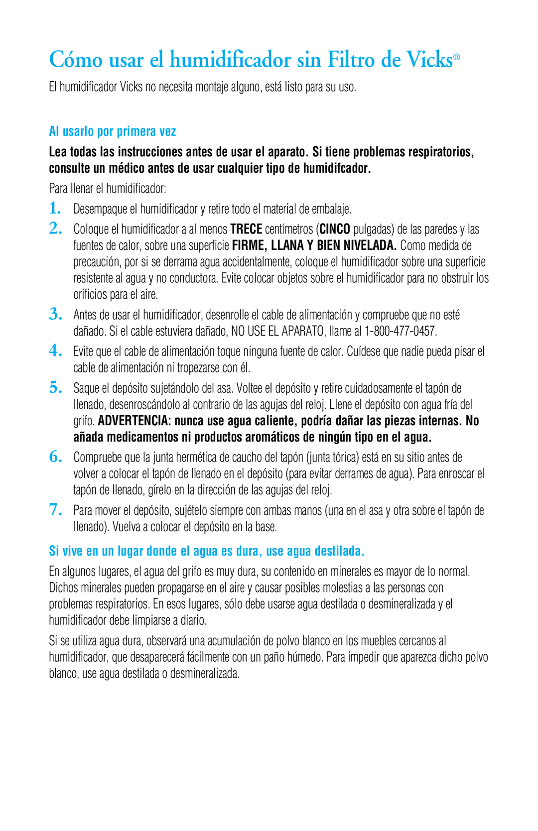 Honeywell V4500 manual Cómo usar el humidificador sin Filtro de Vicks, Al usarlo por primera vez 