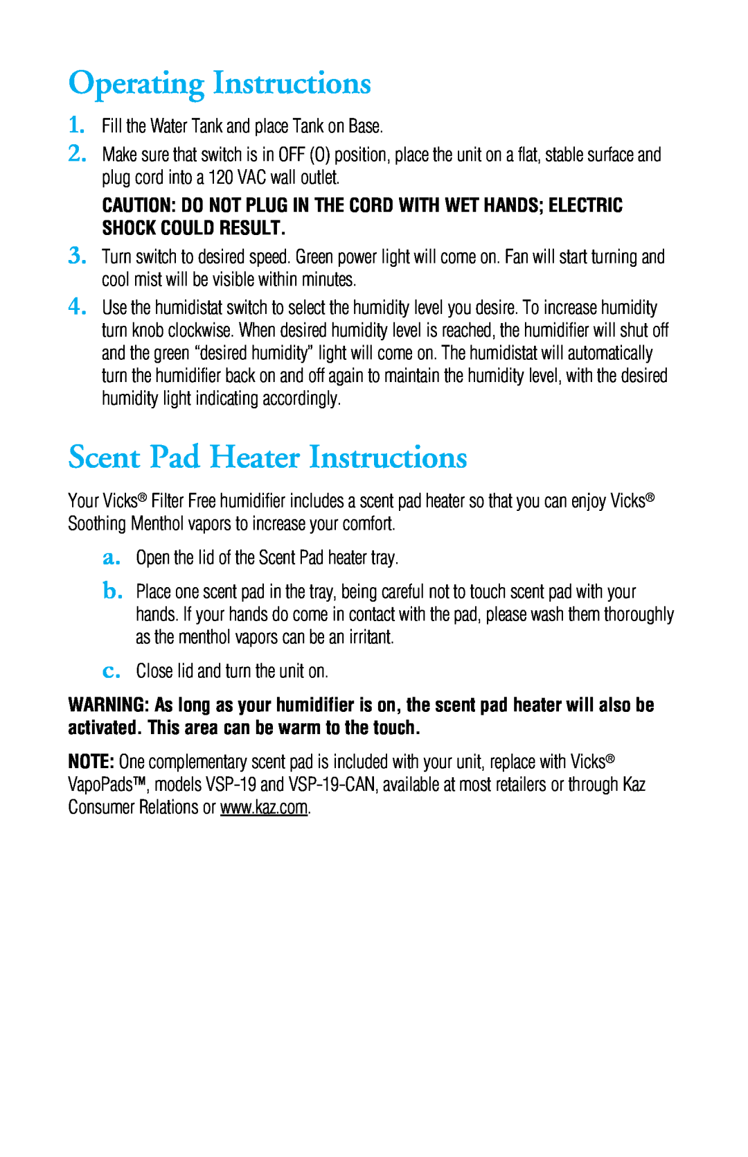 Honeywell V4500 manual Operating Instructions, Scent Pad Heater Instructions 