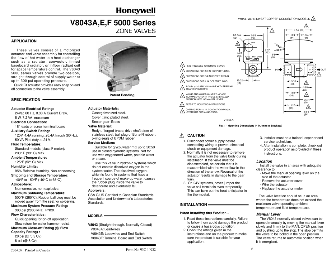 Honeywell V8043F, V8043A, V8043E dimensions Application, Specification, Installation, When Installing this Product… 