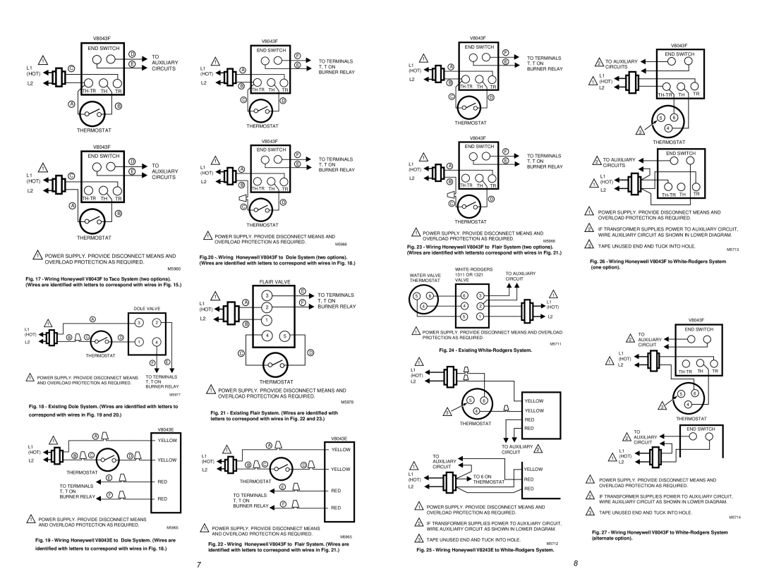 Honeywell V8043A, V8043E dimensions Wiring Honeywell V8043F to White-Rodgers System one option 