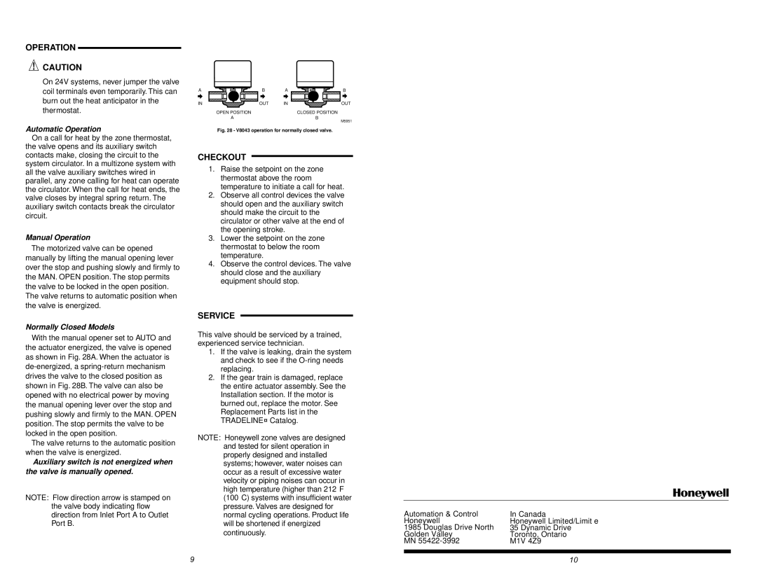 Honeywell V8043F, V8043A, V8043E dimensions Operation, Checkout, Service 