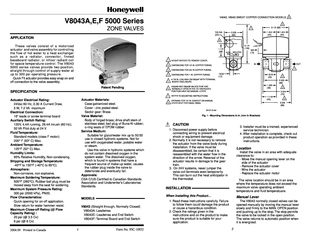 Honeywell dimensions Application, Specification, Installation, When Installing this Product…, V8043A,E,F 5000 Series 