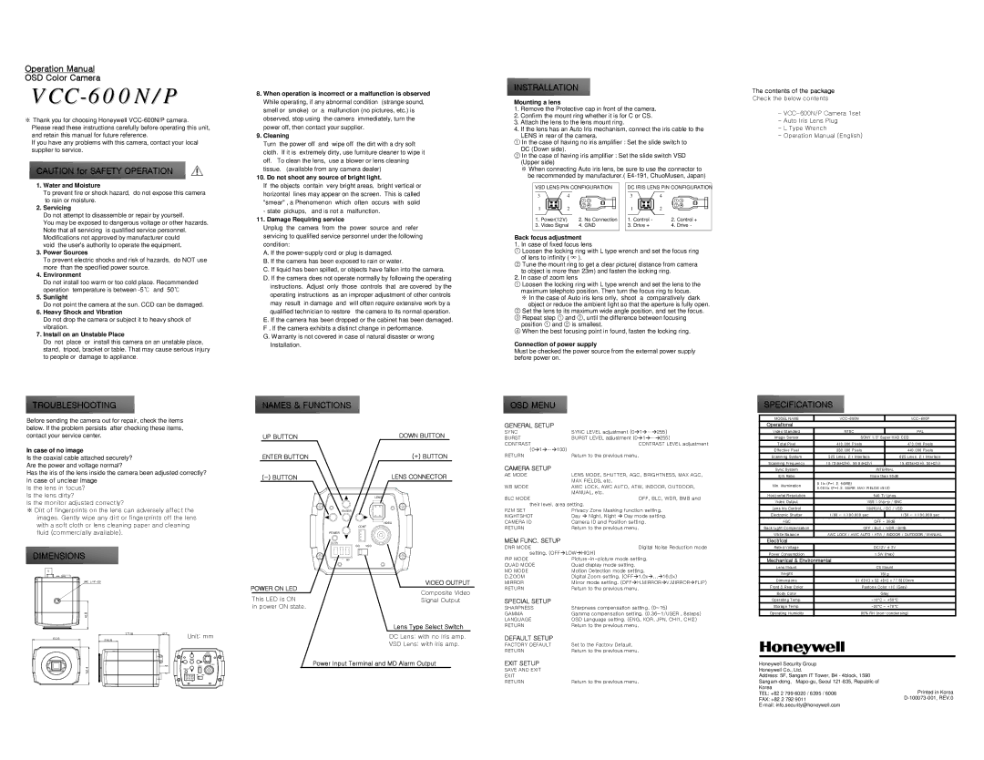 Honeywell VCC-600N/P operation manual UP Button Enter Button Down Button + Button Lens Connector, General Setup 