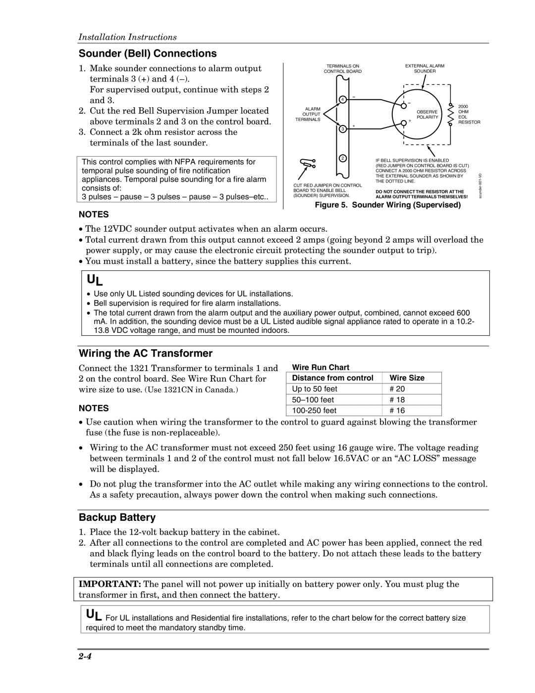 Honeywell VISTA-10PSIA setup guide Sounder Bell Connections, Wiring the AC Transformer, Backup Battery, Wire Run Chart 