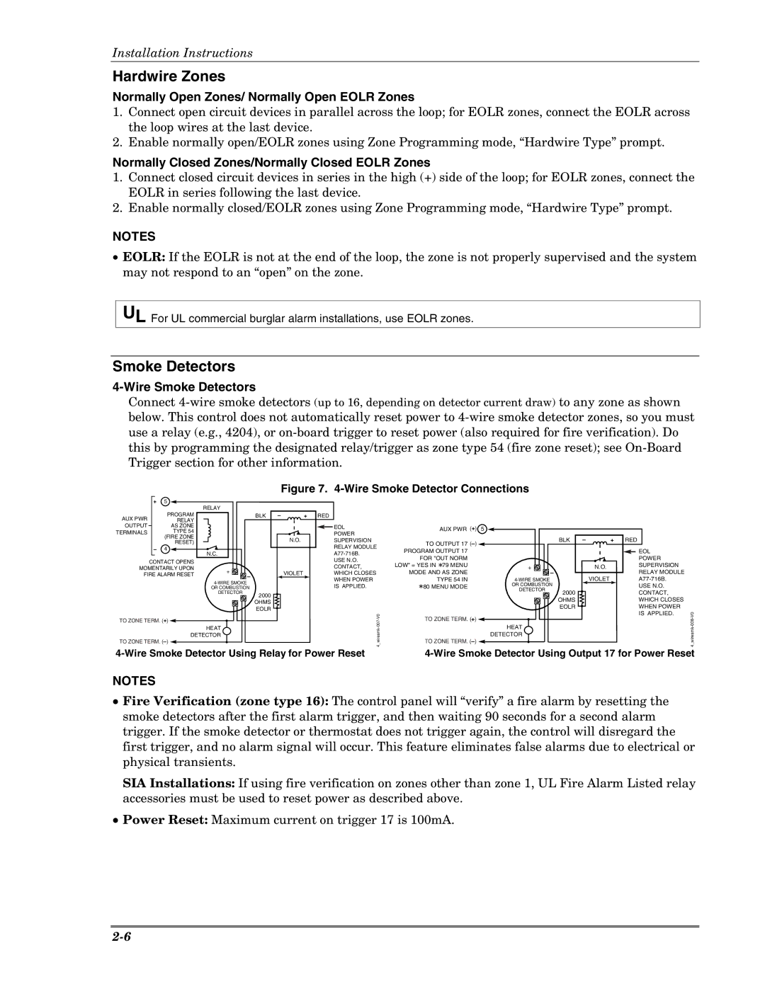 Honeywell VISTA-10PSIA Hardwire Zones, Normally Open Zones/ Normally Open Eolr Zones, Wire Smoke Detectors 