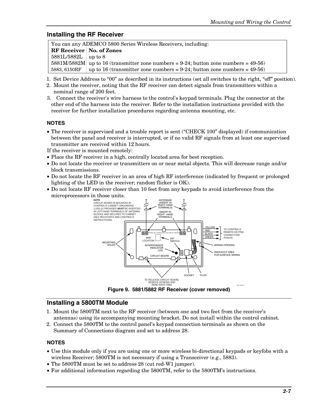 Honeywell VISTA-10PSIA setup guide Installing the RF Receiver, Installing a 5800TM Module, RF Receiver No. of Zones 