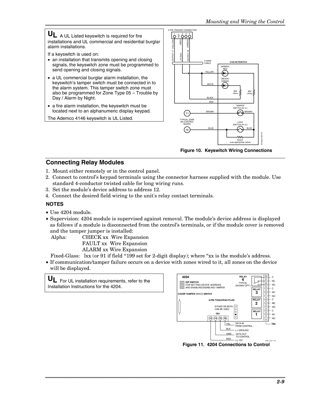 Honeywell VISTA-10PSIA, Ademco Security Systems setup guide Connecting Relay Modules, Keyswitch Wiring Connections 