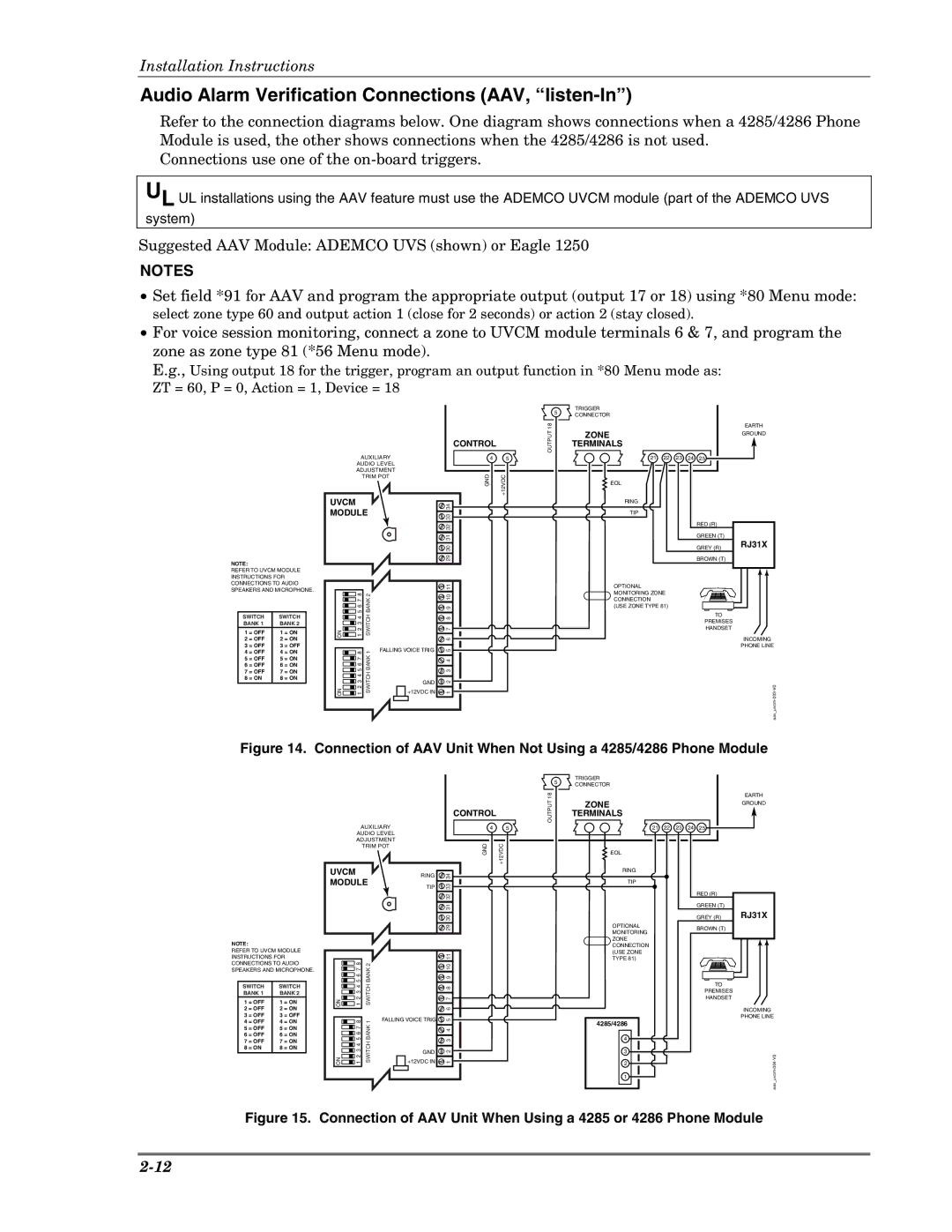 Honeywell VISTA-10PSIA, Ademco Security Systems setup guide Audio Alarm Verification Connections AAV, listen-In, RJ31X 