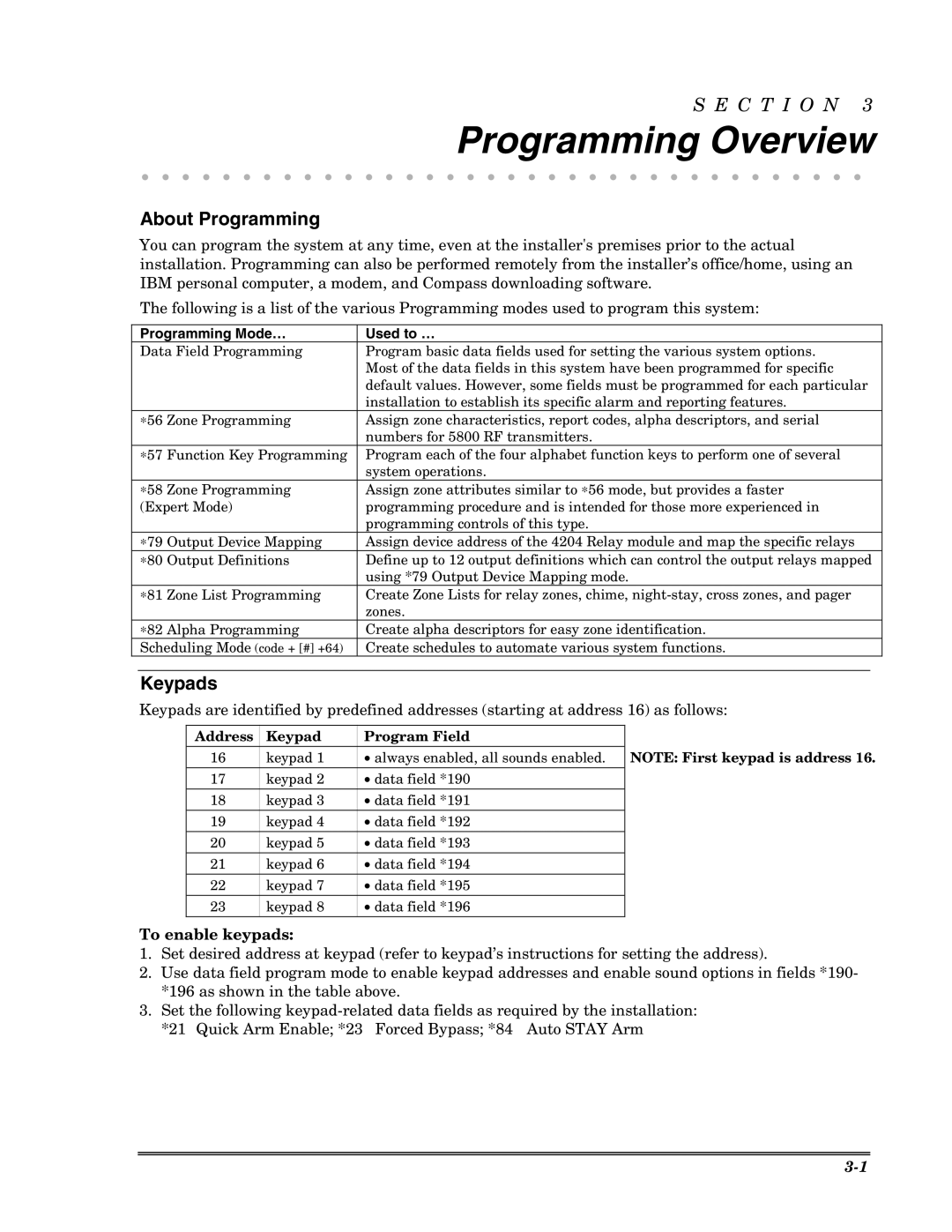 Honeywell VISTA-10PSIA Programming Overview, About Programming, Keypads, To enable keypads, Programming Mode… Used to … 